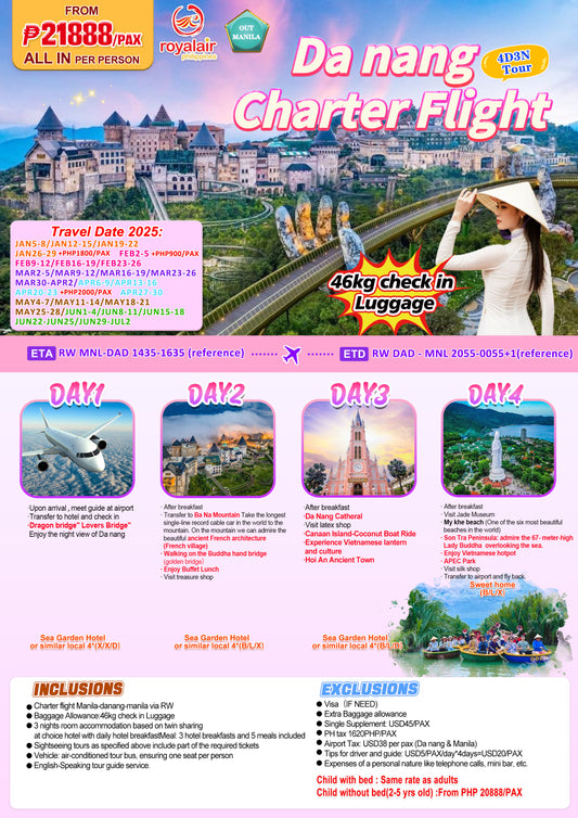 Da Nang Charter Flight 4D3N Tour (Out Manila)