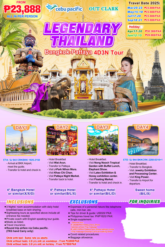4D3N Bangkok - Pattaya Tour (March - September 2025) | Out of Clark