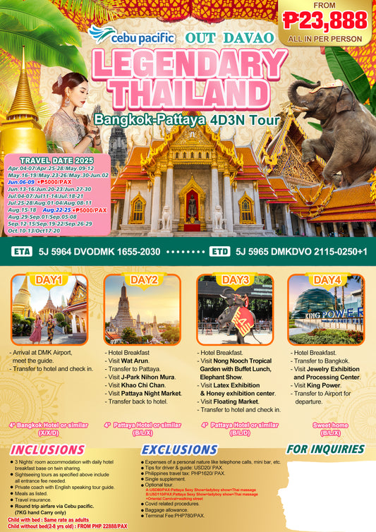 4D3N Bangkok - Pattaya Tour (April - October 2025) | Out of Davao