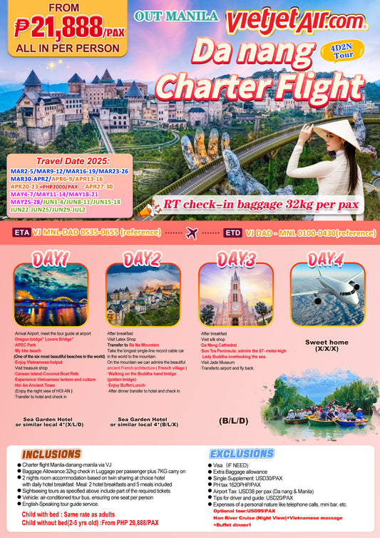 Da Nang Charter Flight 4D2N Tour (Out Manila)