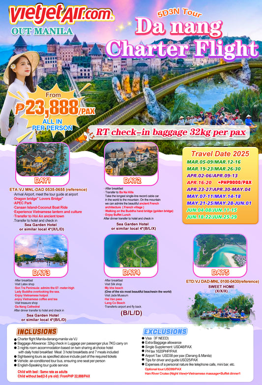 Da Nang Charter Flight 5D3N Tour (Out Manila)