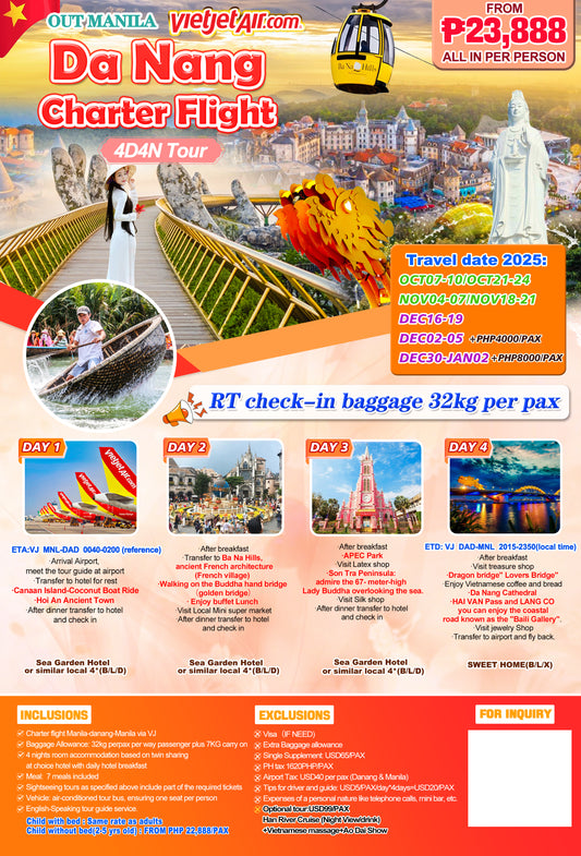 Da Nang Charter Flight 4D4N Tour (Out Manila)