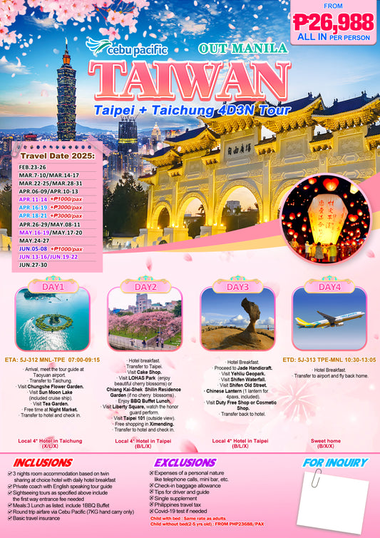 4D3N Taipei + Taichung Tour
