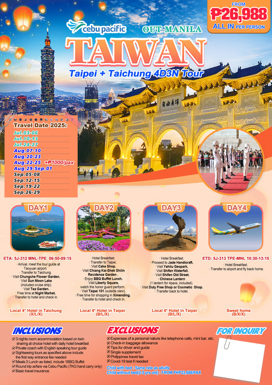 4D3N Taipei + Taichung Tour (July - September 2025)
