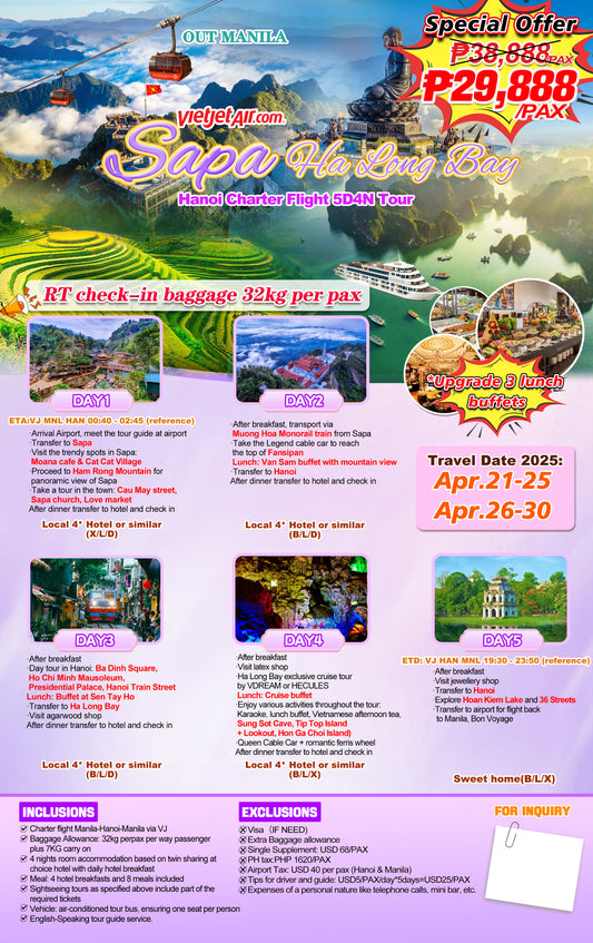 Sapa - Ha Long Bay - Hanoi 5D4N Charter Flight Tour