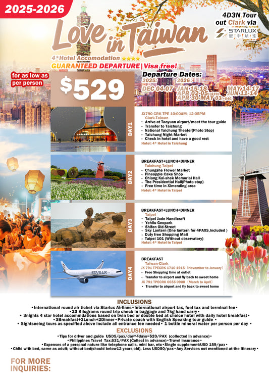 Love in Taiwan 4D3N Tour (Out of Clark via Starlux)