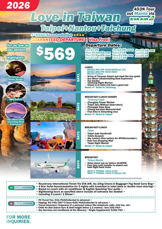 2026 Love in Taiwan Tour (Taipei + Nantou + Taichung)