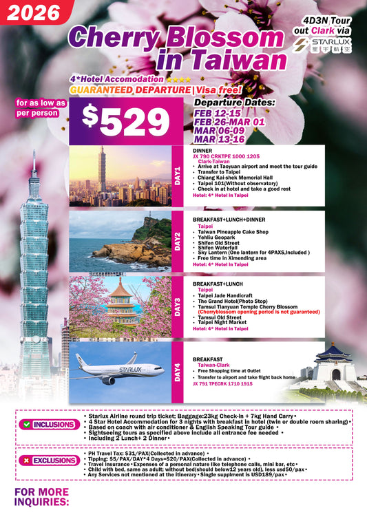 Cherry Blossom in Taiwan 4D3N Tour – 2026