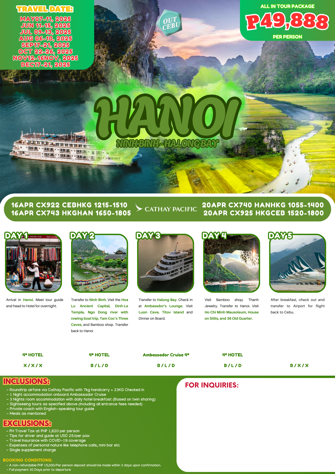 Hanoi, Ninh Binh & Halong Bay Tour-Vietnam (Out of Cebu)