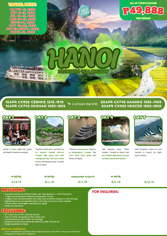 Hanoi, Ninh Binh & Halong Bay Tour-Vietnam (Out of Cebu)