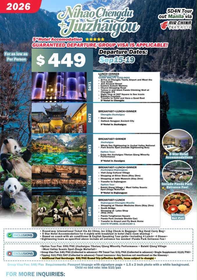 Nihao Chengdu + Jiuzhaigou 5D4N Tour 2026