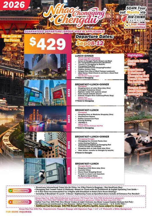 Nihao Chongqing + Chengdu 5D4N Tour 2026