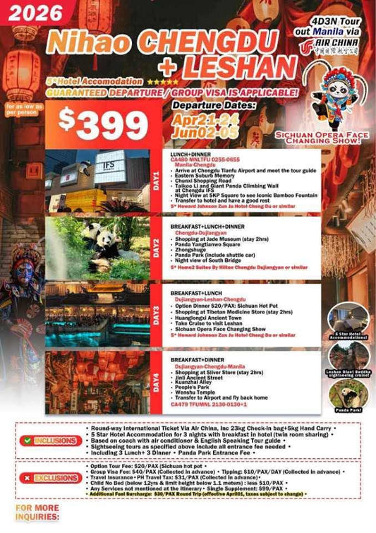 Nihao Chengdu + Leshan 4D3N Tour 2026