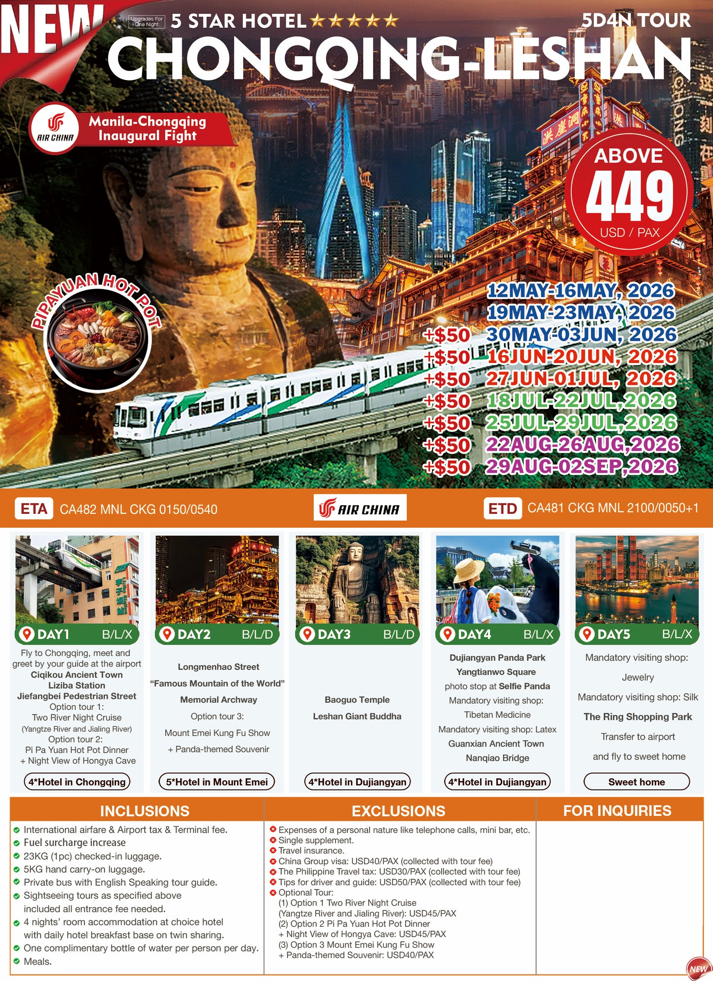 Chongqing–Chengdu 6D5N Tour with Dazu Rock Carvings