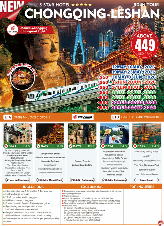 Chongqing–Leshan 5D4N Tour