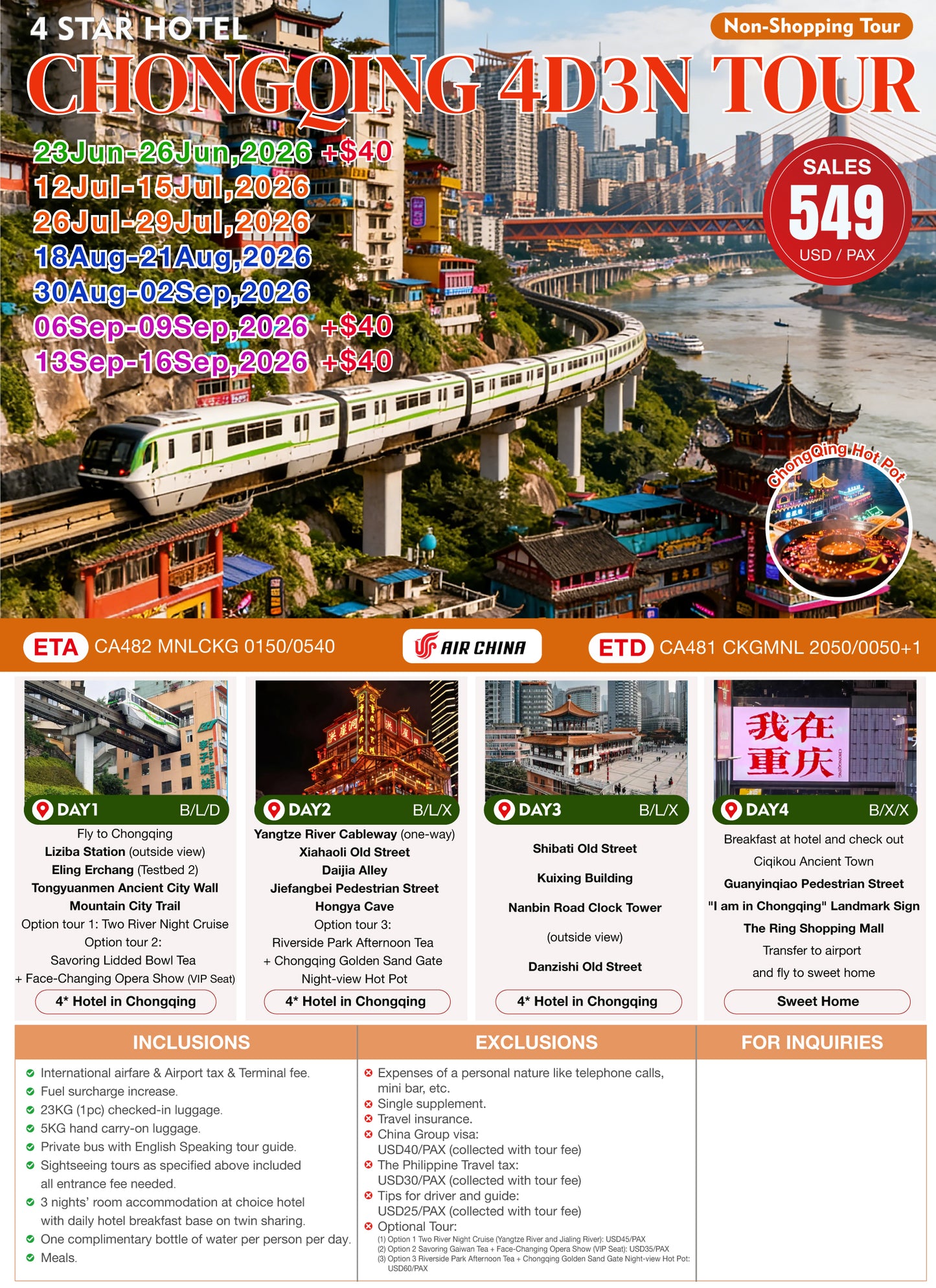 Chongqing 4D3N Non-Shopping Tour
