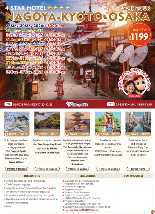 Nagoya – Kyoto – Osaka 5D4N Tour
