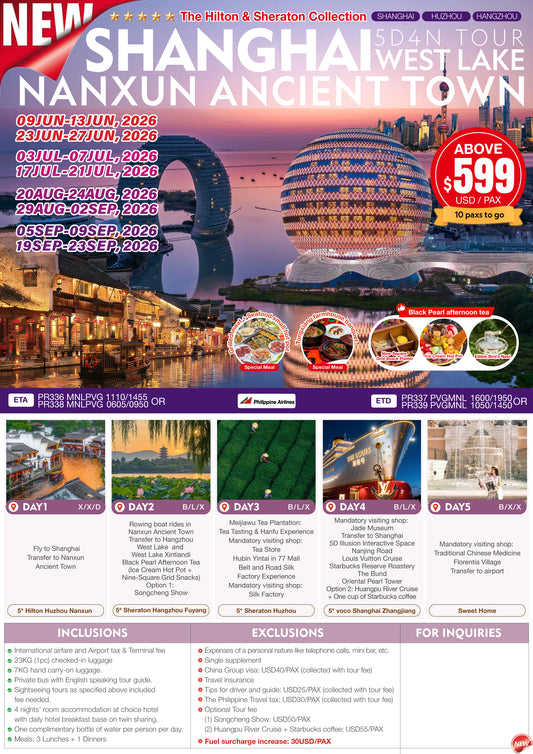 Shanghai – Nanxun Ancient Town – West Lake 5D4N Tour
