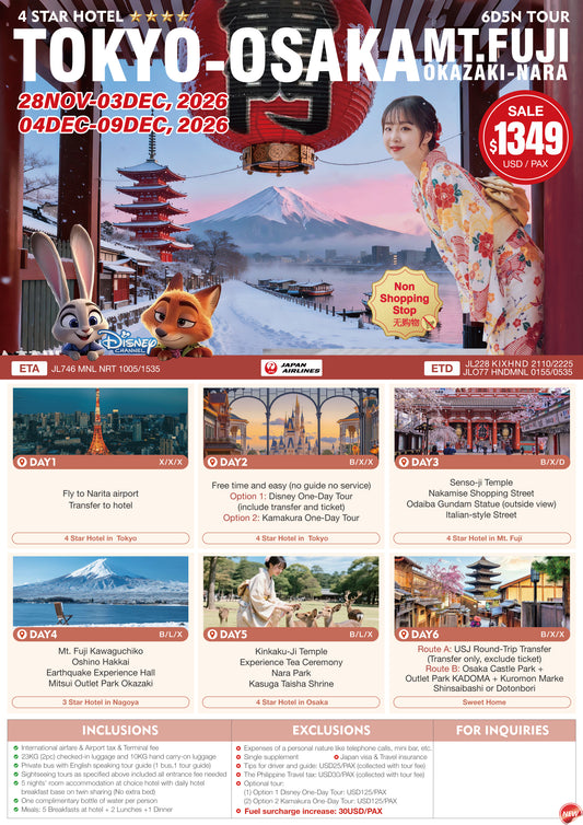 Tokyo – Osaka – Mt. Fuji 6D5N Tour 2026