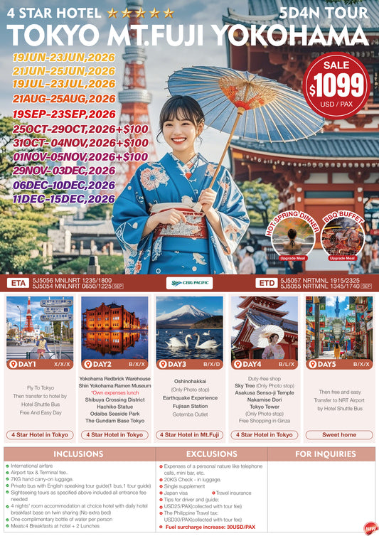 Tokyo – Mt. Fuji – Yokohama 5D4N Tour 2026