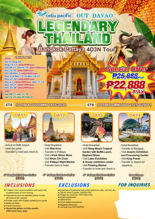 Legendary Thailand Bangkok–Pattaya 4D3N Experience 2026–2027