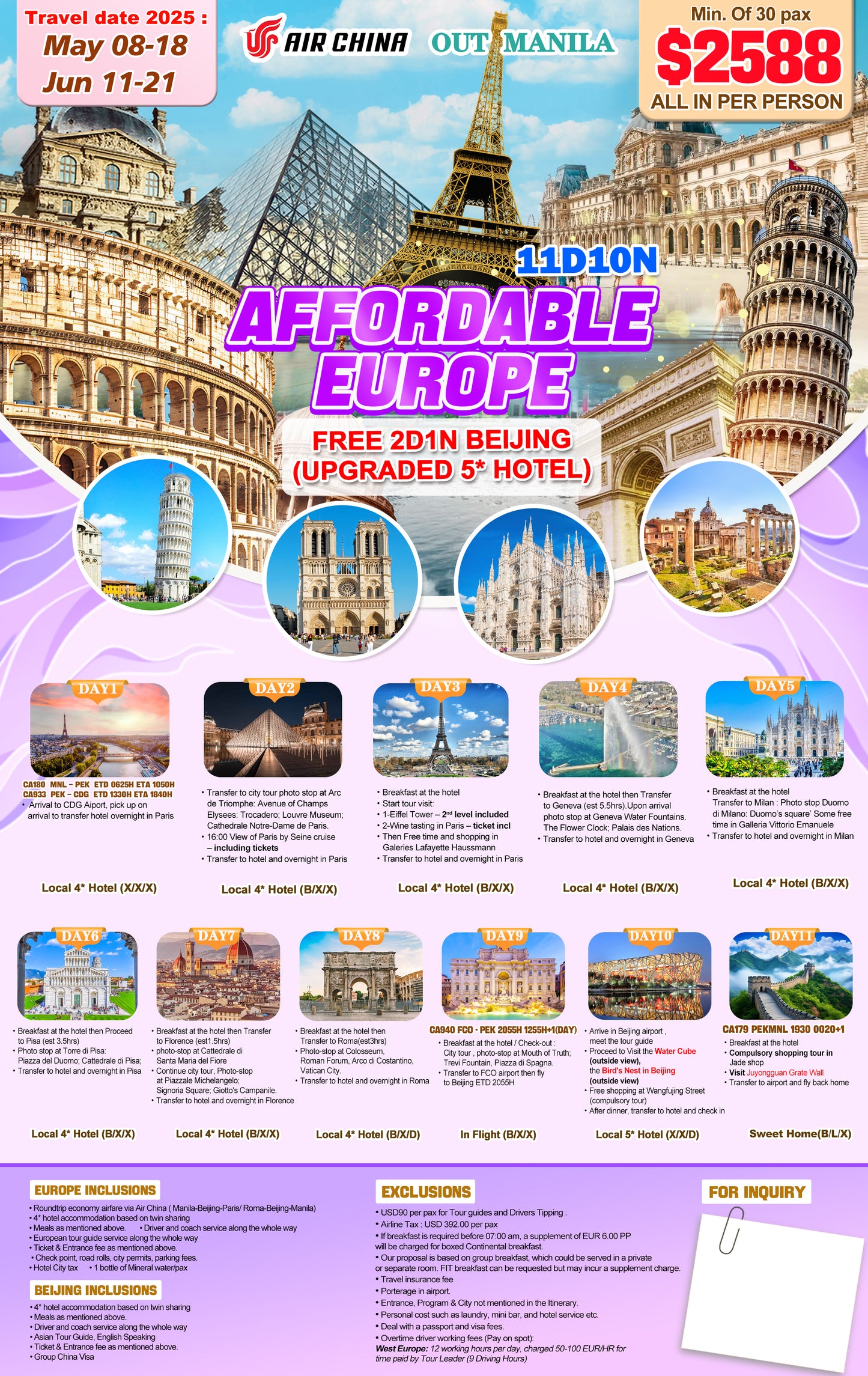 11D10N Affordable Europe with Free 2D1N Beijing